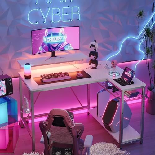 Bestier 42-Inch L-Shaped Computer Desk with Charging & LED, White - Image 4