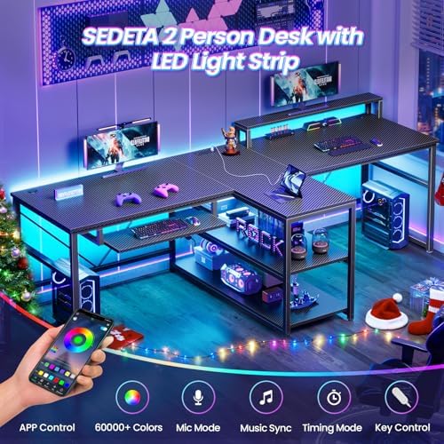 SEDETA 94.5" 2 Person Gaming Desk with Storage Shelves,Carbon Fiber Black - Image 7