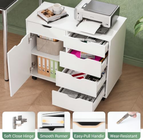 DEVAISE 5-Drawer Wood Office Cabinet, Craft Storage Cabinet, White - Image 4