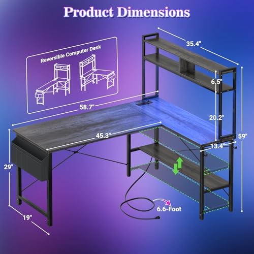 Aheaplus 59" L Shaped Desk Gaming Desk with LED Light & Power Outlet - Image 2