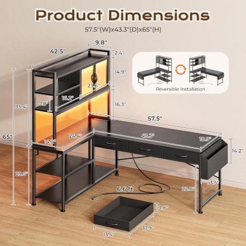PRAISUN 57.5 Inch L Shaped Gaming Desk with Power Outlets and LED Lights - Image 3
