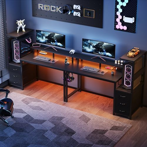 52" Reversible Gaming Desk with LED Lights Power Outlets, Black - Image 3