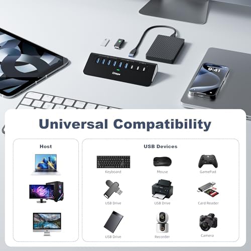 Powered USB Hub 10Gbps, intpw YH6AC 9-Port USB HUB with USB A/USB C 3.2, 4 USB 3.0, 2 PD 45W Charging Port, 65W Power Adapter + 5FT Cable, Aluminum USB Hub for Laptop, PC,iPhone 17/16 - Image 7