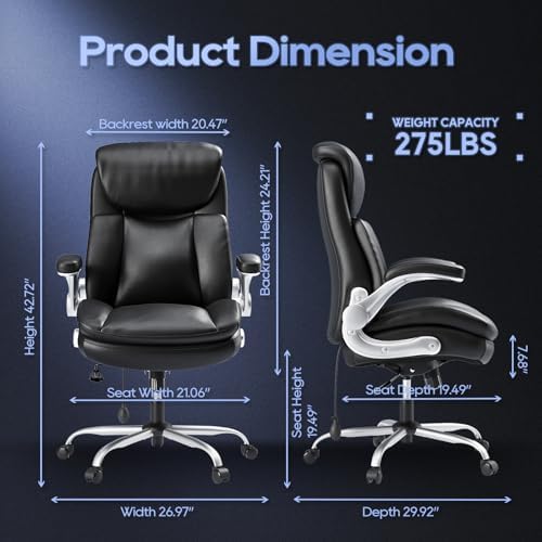 Office Chair Big and Tall- High Back Executive Office Chair- Ergonomic Home Computer Desk Chair with Padded Flip-up Arms, Adjustable Lumbar Support, Wide & Thick Seat for Adult-Black - Image 3