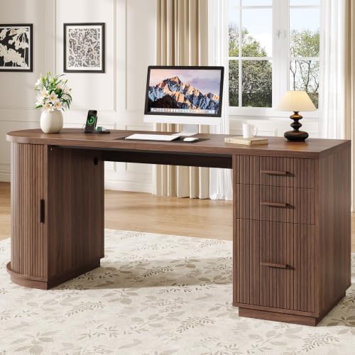 ONBRILL 70" Fluted Executive Desk with File Drawers (Walnut) by ONBRILL