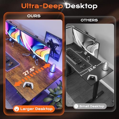 Huuger 63 x 28 Large Electric Standing Desk, Height Adjustable Computer Desk, 27.6" Deep Desktop, Stand up Gaming Office Table with 2 Hooks, 3 Preset Heights, for Home Office, Rustic Brown, 7021Z-1 - Image 4