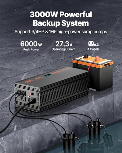 VEVOR Sump Pump Battery Backup System, 3000W, Auto Switches to Battery Inverter for Continuous Sump Pump Operation, Pure Sine Wave, LCD Display, for Basement Protection Emergency and Power Outage - Image 2