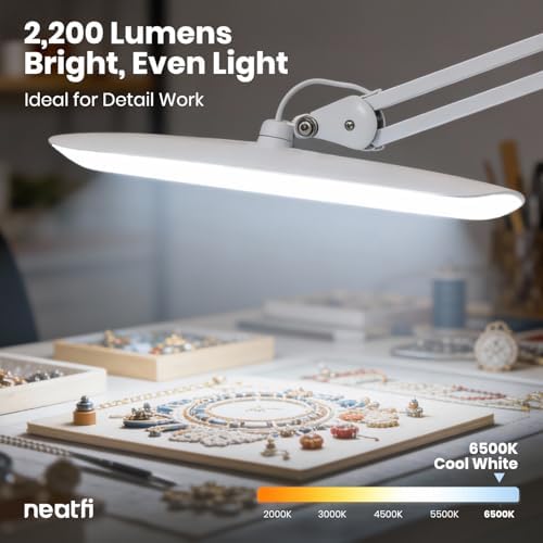Neatfi XL 2200 Lumens 24W LED Desk Lamp – Shadow-Free Task Lighting | 4-Level Dimming | Home Office & Crafts Use | 20-Inch Wide Head (White, Non-CCT with Clamp) - Image 6