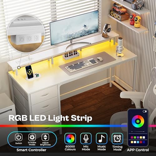 Huuger 55 Inch Computer Desk with Power Outlets and LED Lights, Gaming Desk with 4 Drawers, Office Desk with Monitor Stand, Study Work Home Office, White - Image 3