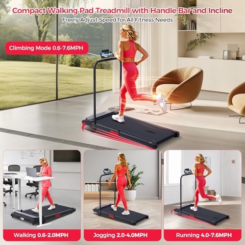 Small Treadmill for Home, Walking Pad Treadmill with Incline and Handle Bar, 3.0HP Electric Under Desk Treadmill for Small Space, 0.6-7.6MPH Portable Mini Exercise Treadmills, 350LBS Capacity - Image 2