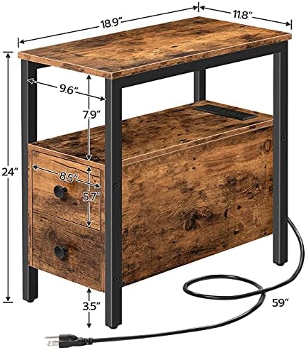 HOOBRO Set of 2 End Tables with Charging Station, Narrow Side Table with Drawers, Power Outlets, Nightstand for Small Spaces, Living Room, Stable and Sturdy, Rustic Brown and Black BF541BZP201 - Image 3
