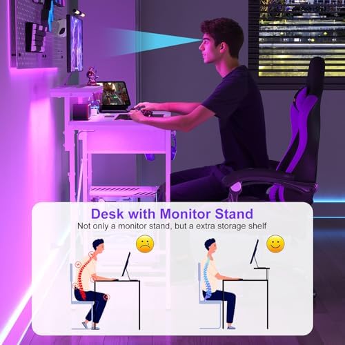 X-cosrack 33.5" Small Computer Desk with Monitor Stand & Outlets, Small Gaming Desk with LED Light & CPU Stand, Teen Study Writing Table with Storage Drawer, Side Hooks for Bedroom, Home Office White - Image 6