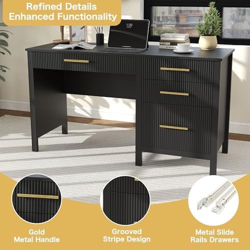 Executive Desk with Drawers: 54" Black Home Office Desks with File Drawer - Image 4