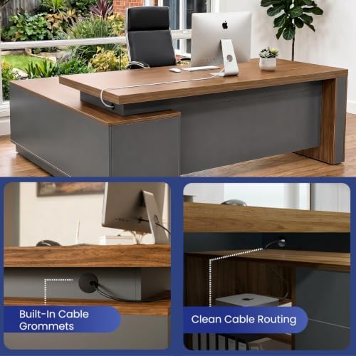 OfficeSimpli L Executive Desk with Drawers, Made in USA, 74x63x30, Walnut - Image 4