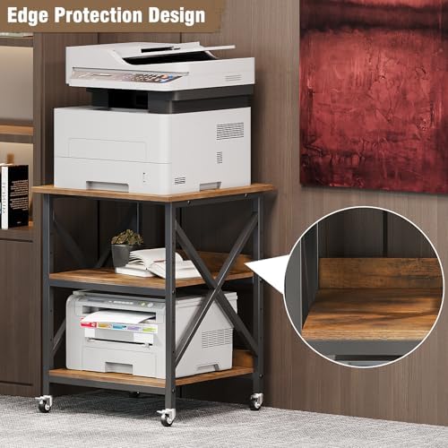 VENNQD 23.6 x 23.6 x 30.3 Inches Printer Stand, Large Printer Table with Adjustable Middle Shelf, Rolling Printer Cart with Wheels, 3 Tier Printer Table for Home Office Scanner Fax, Rustic Brown - Image 5