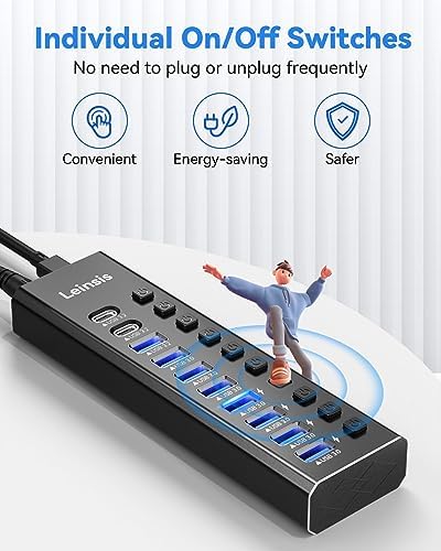 Powered USB Hub 3.2, LEINSIS 10-Port USB 3.2/USB C Hub (10Gbps USB-A 3.2 +2 USB-C 3.2 +7 USB 3.0 Ports) with Individual On/Off Switches and 12V Power Adapter, Aluminum USB Hub Powered for Laptop PC - Image 5