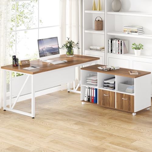 Tribesigns 63-Inch Executive Computer Desk with 47-Inch Lateral File Cabinet, Large Workstation Business Furniture, L Shaped Desk with Drawers and Storage Shelves for Home Office, Walnut & White - Image 7