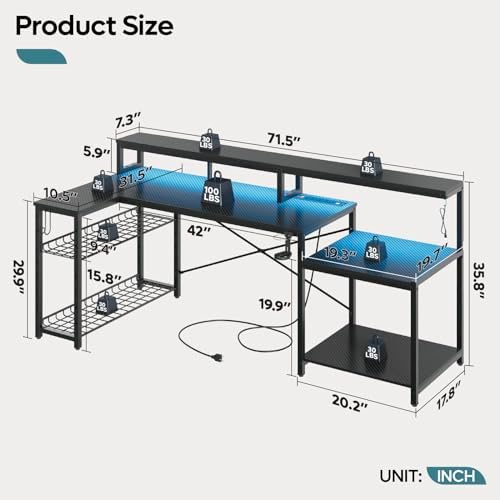 Bestier 71.5 Inch L‑Shaped Gaming Desk with LED & Power Outlets, Black - Image 2