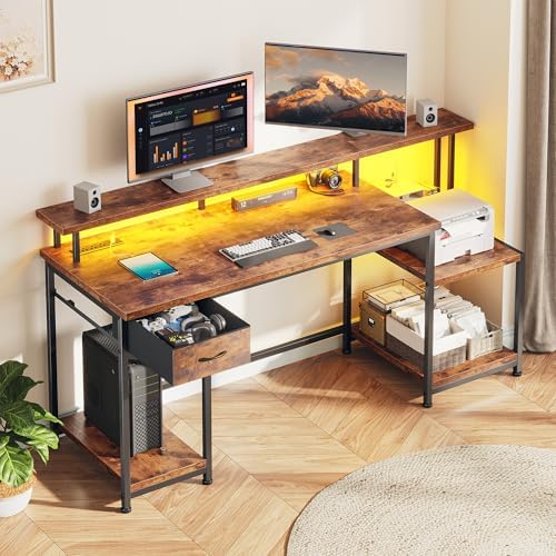 DurayLoly Computer Desk with 55" Long Monitor Stand, 18"Ample Printer Space by Durayloly