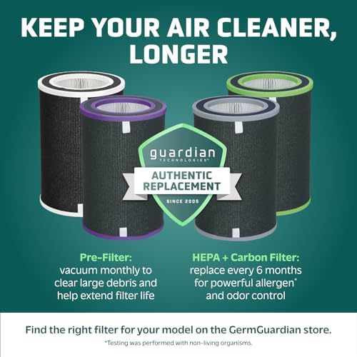 GermGuardian AirSafe+ XL Smart Air Purifier for Bedroom and Home - WiFi and App Enabled - 360-Degree True HEPA Filter - Filters Pet Dander, Dust, Smoke - Air Quality Monitor - AP3250 - Gray & White - Image 3