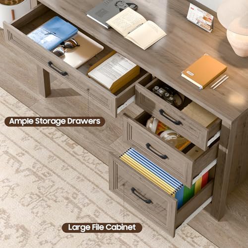 Vabches Farmhouse Executive Desk with Storage and Ample File Drawer, Rustic Large Home Writing Desk for Bedroom, Grey - Image 6