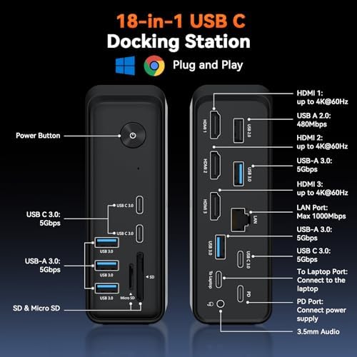 TobenONE 18 in 1 Laptop Docking Station 3 Monitors,Triple 4K HDMI,9 USB C/A - Image 2