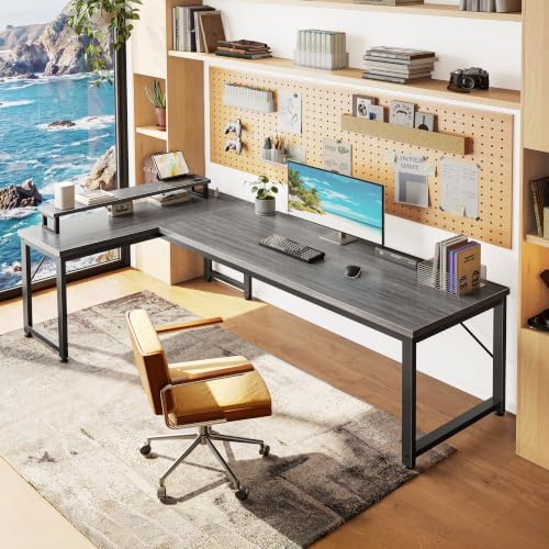 PRAISUN 61" L Shaped Computer Desk, Power Outlets, Monitor Stand, Grey - Image 2