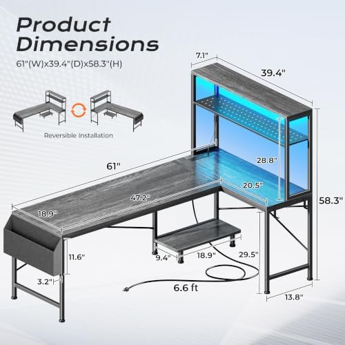 PRAISUN L Shaped Gaming Desk with LED Lights & Power Outlets - Image 2