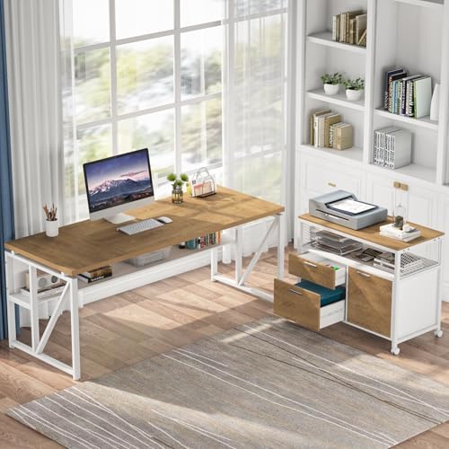 Tribesigns L Shaped Desk with Drawer Cabinet, 63" Executive Computer Desk and lateral File Cabinet, 2 Piece Home Office Furniture with Drawers for Hanging, Doors with Locks (Light Walnut, 63 inches) - Image 7
