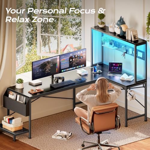 PRAISUN L Shaped Gaming Desk with LED Lights & Power Outlets - Image 6