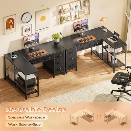PRAISUN 47 Inch L Shaped Desk with Power Outlets, 5 Fabric Drawers - Image 6