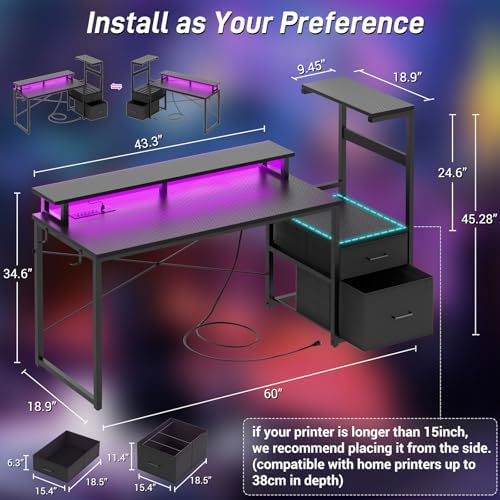 Aheaplus 59" Gaming Desk with RGB LED & Power Outlet &PC Case/Printer Stand - Image 2