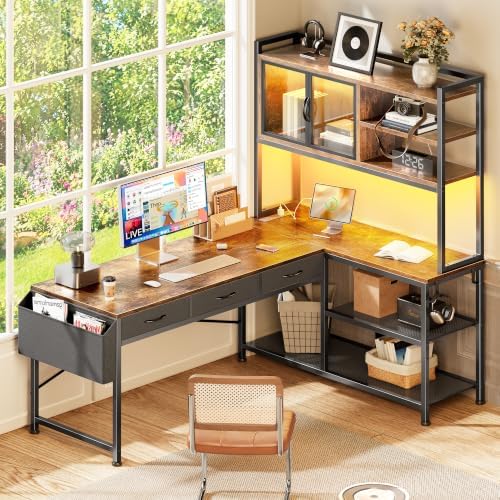 PRAISUN 57.5 Inch L Shaped Gaming Desk with Power Outlets and LED Lights - Image 2