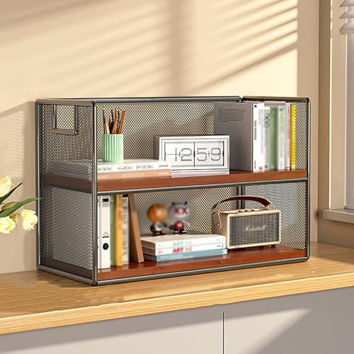 Mesh Metal Dorm Desk Hutch with Handle,Desktop Bookshelf Organizer,Office File Paper Tray Organizer for Home Office,School Supplies(15.7" W x 6.3" D x 9.8" H, Black Wood 2 Tier) by Unknown