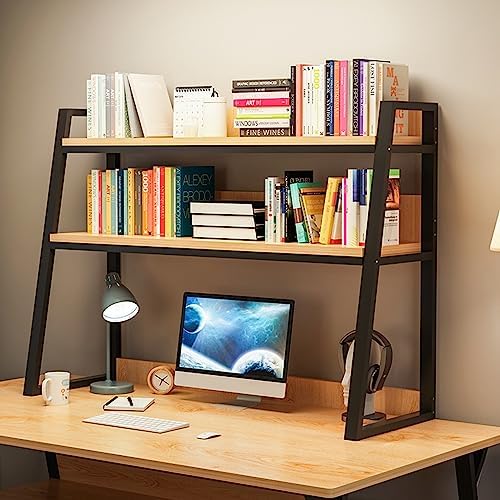Ladder Desktop Shelf, Desk Hutch 3-Tier for Computer Desk, Desktop Display Rack, Multipurpose Vintage Metal and Wood Desktop Bookshelf Storage Organizer for Dorm Office Home,Black a,22x13x35" - Image 2