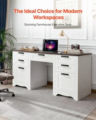 VEVOR 60" Executive Desk with Drawers, Farmhouse Home Office Desk with Charge Station, Keyboard Tray, File Storage Cabinet, 200 LBS Load Capacity Wood Table, Easy Assembly, for Work Study, Walnut - Image 3