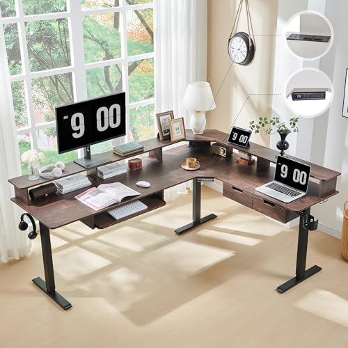 RedLemon 75X60 Inches L Shaped Electric Standing Desk, Height Adjustable Corner Gaming Desk with Drawers, Keyboard Tray, Power Outlets & LED Lights, Computer Desk with Monitor Shelf, Dark Walnut by REDLEMON