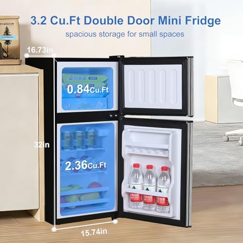Cucina Magica Mini Fridge with Freezer, 3.2 cuft Small Refrigerator, 7 Adjustable Thermostat, Energy Saving, Low Noise, Double Door Compact Refrigerator for Dorm, Bedroom, Office - Silver - Image 3