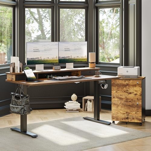 TIQLAB Standing Desk with Two Drawers, Stand Up Standing Desk Adjustable Height, Electric Sit Stand Table with Storage Shelf and Splice Board, 63 * 24 inch, Rustic Brown - Image 2