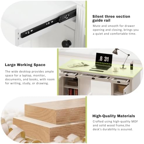 67" Large Executive Office Desk, Modern White Wood Office Computer Desk, Rectangle Home Office Desk with 2 Wooden Doors Storage Cabinet and 3 Drawers, Writing Table,Workstation (White, 67") - Image 4