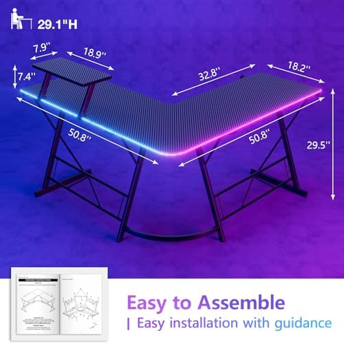 Mr IRONSTONE Gaming Desk with LED Lights and Speakers, L Shaped Desk Corner with Cup Holder & Headphone Hook, Computer Desk Home Office Desks with Monitor Stand, Carbon Fiber Surface, Black 51 Inch - Image 3
