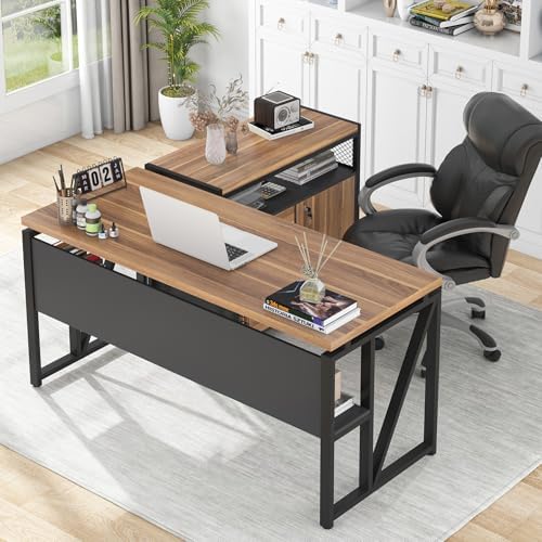 Tribesigns 55-inch L Shaped Desk with Drawer Cabinet, Executive Computer Desk and lateral File Cabinet, 2 Piece Home Office Furniture with Drawers for Hanging File, Doors with Locks (Brown, 55 inches) by Tribesigns