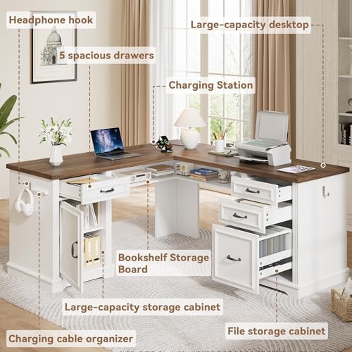 Farmhouse L Shaped Executive Desk with 4 Drawers, Home Office Desk with Hidden Under-Desk Storage Shelf and Charging Station, File Cabinet Storage, Wood Corner Computer Desk for Work(White+Brown) - Image 4