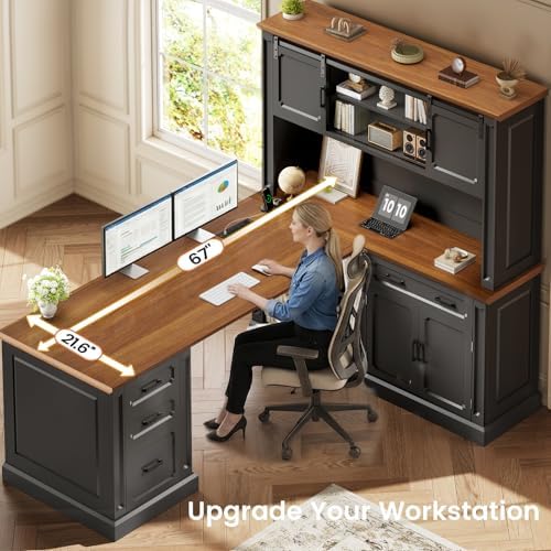 SEDETA 67" Farmhouse Executive L Shaped Desk with Hutch & Storage - Image 5
