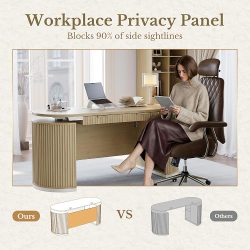 Electric Standing Desk with Storage Drawers, 63'' Executive Height Adjustable Desk with Privacy Panel and Shelves, Wood Fluted Computer Desk for Home Office, Light Walnut - Image 4
