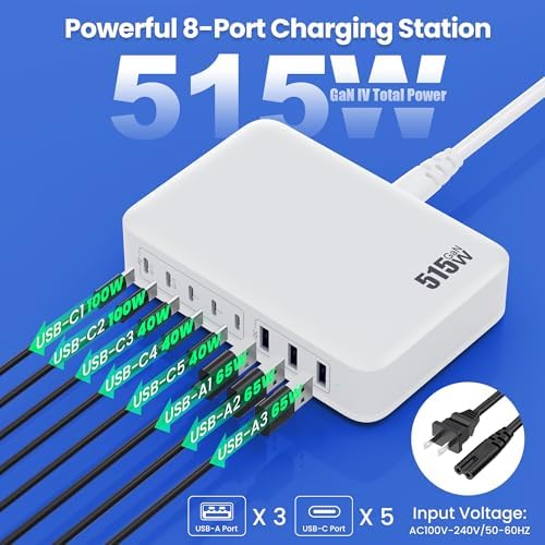 USB C Charger Block 515W[2025 Upgraded] GaN IV 8 Port Fast Charging Station Hub,Dual PD 100W USB C Laptop Charger Compatible with MacBook Pro/Air,iPad,iPhone 16/15,Galaxy S23/S24 Steam Deck Dell XPS - Image 2