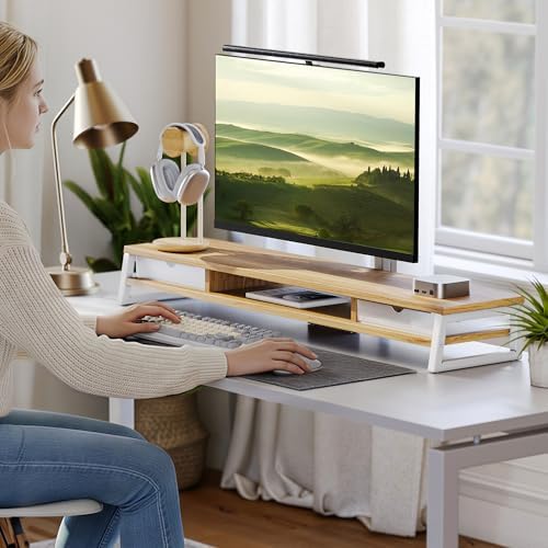 Fenge Dual Monitor Stand Riser, 42.5in Desk Shelf with 2 Drawers, Dark Oak - Image 2