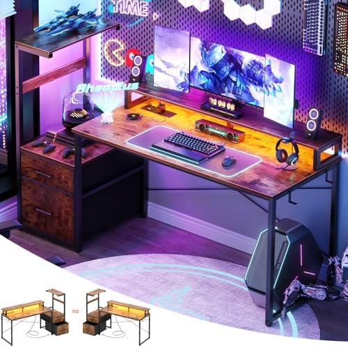 Aheaplus 59" Gaming Desk with RGB LED & Power Outlet &PC Case/Printer Stand by Aheaplus