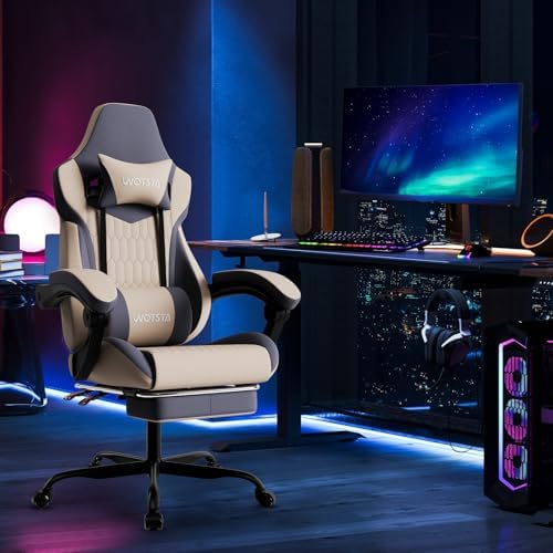 Gaming Chair with Footrest, High Back Gaming Chairs Leather Ergonomic Gamer Chair with Adjustable Headrest Lumbar Support Racing Style Video Gaming Chair for Office/Home (Grey) - Image 2