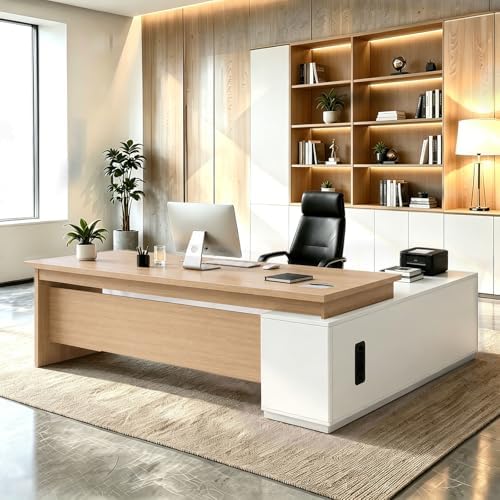 L Shaped Executive Desk with Drawers, Large Wood Workstation, Modern Executive Office Furniture for Home Office and Business Workspace, Multiple Sizes & Colors by Unknown